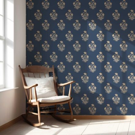 'Shikara' Floral Block Print Wallpaper (Navy Blue/ Beige) - Image 5