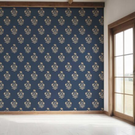'Shikara' Floral Block Print Wallpaper (Navy Blue/ Beige) - Image 7