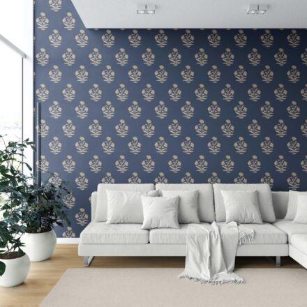 'Shikara' Floral Block Print Wallpaper (Navy Blue/ Beige) - Image 6