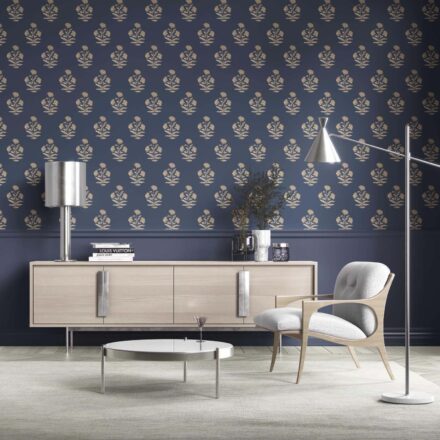 'Shikara' Floral Block Print Wallpaper (Navy Blue/ Beige) - Image 2