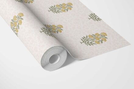 'Marine Sabz' Floral Block Print Wallpaper (Yellow/ Green) - Image 3