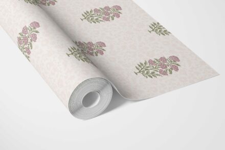 'Princess Belle' Floral Block Print Wallpaper (Blush Pink/ Green) - Image 3