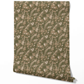 'Aubert' Floral/ Birds Print Wallpaper (Olive Green/ Beige)