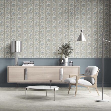 'Koumudi' Vintage Floral Striped/ Botanical Wallpaper (Blue/ Green/ Sage Gray) - Image 2