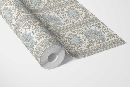 'Koumudi' Vintage Floral Striped/ Botanical Wallpaper (Blue/ Green/ Sage Gray) - Image 3