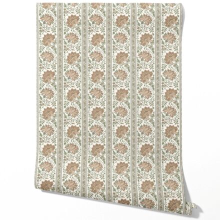 'Cavalry' Vintage Floral Striped/ Botanical Wallpaper (Brown/ Green)