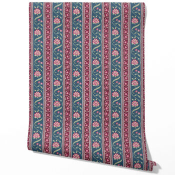 'Buseno' Floral Botanical Striped Wallpaper (Teal Blue/ Pink/ Green)