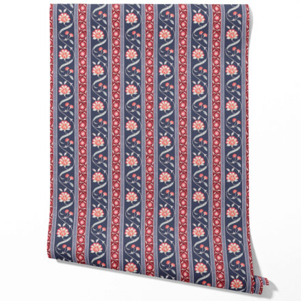 'Wangen' Floral Botanical Striped Wallpaper (Navy Blue/ Red/ Gray)