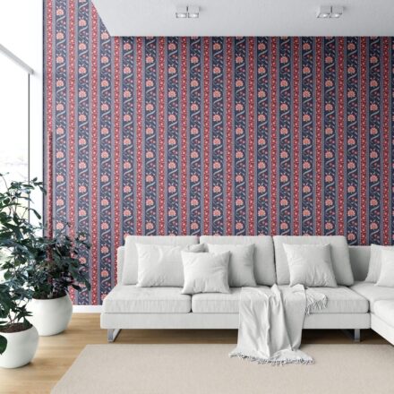 'Wangen' Floral Botanical Striped Wallpaper (Navy Blue/ Red/ Gray) - Image 6