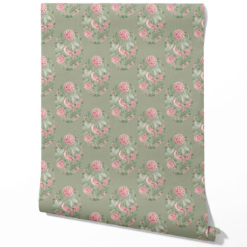 'Ballens' Birds/ Floral Block Print Wallpaper (Sage Green/ Pink)