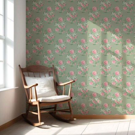 'Ballens' Birds/ Floral Block Print Wallpaper (Sage Green/ Pink) - Image 5