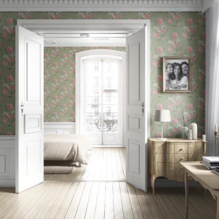 'Ballens' Birds/ Floral Block Print Wallpaper (Sage Green/ Pink) - Image 4