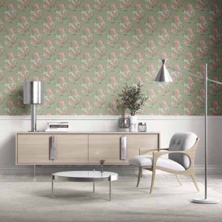 'Ballens' Birds/ Floral Block Print Wallpaper (Sage Green/ Pink) - Image 2