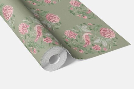 'Ballens' Birds/ Floral Block Print Wallpaper (Sage Green/ Pink) - Image 3