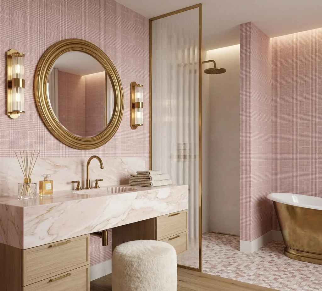 Pink Wallpaper in Art Deco Bathroom