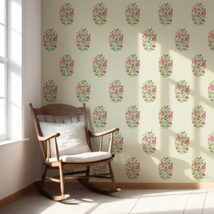 'Kaner' Floral Block Print Wallpaper (Sage Green/ Pink-Red) - Image 5