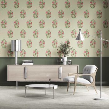 'Kaner' Floral Block Print Wallpaper (Sage Green/ Pink-Red)