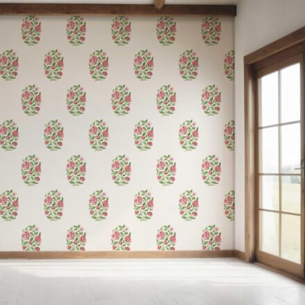 'Verbena' Floral Block Print Wallpaper (White/ Green/ Pink-Red) - Image 7