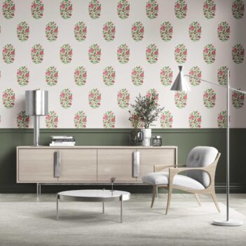 'Verbena' Floral Block Print Wallpaper (White/ Green/ Pink-Red)