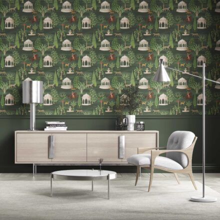 'Lupin' Vintage Heritage/ Ethnic Chinoiserie Wallpaper (Green/ White/ Brown/ Red)