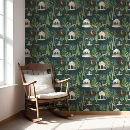'Picturesque' Vintage Heritage/ Ethnic Chinoiserie Wallpaper (Teal Green/ White/ Brown/ Red) - Image 5