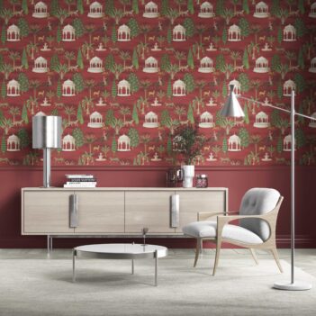 'Konark' Vintage Heritage/ Ethnic Chinoiserie Wallpaper (Red/ Green/ White/ Brown)