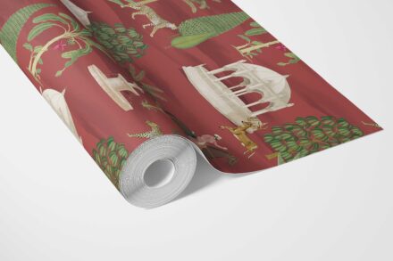 'Konark' Vintage Heritage/ Ethnic Chinoiserie Wallpaper (Red/ Green/ White/ Brown) - Image 3