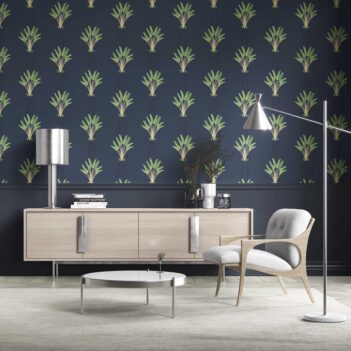 'Sakora' Botanical/ Floral Block Print Wallpaper (Navy Blue/ Green)
