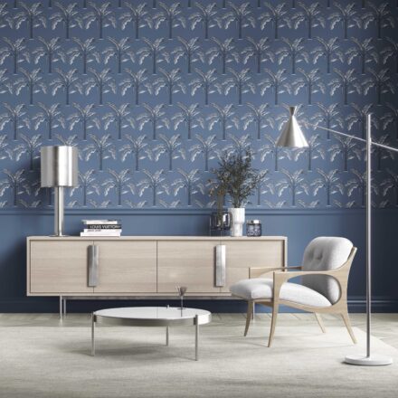 'Vihaan' Floral/ Botanical Palm Trees Patterned Wallpaper (Navy Blue/ Gray) - Image 2