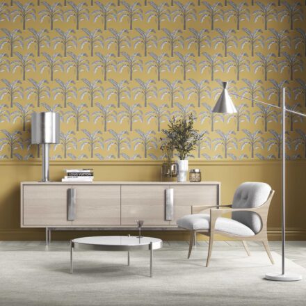 'Neerja' Floral/ Botanical Palm Trees Patterned Wallpaper (Yellow/ Gray) - Image 2