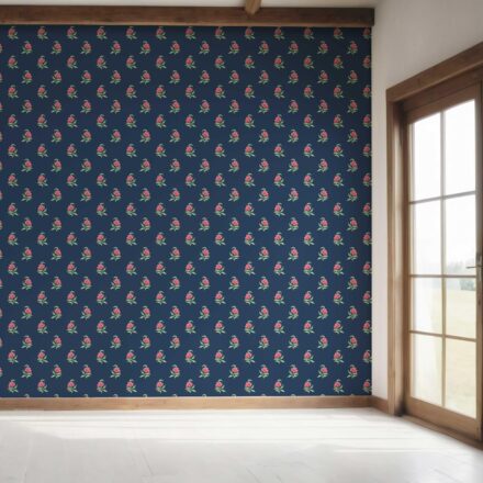 'Colleen' Vintage-Inspired Floral Block Print Wallpaper (Navy Blue/ Pink/ Green) - Image 7