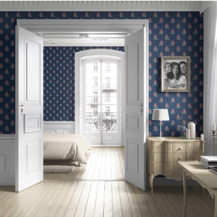 'Colleen' Vintage-Inspired Floral Block Print Wallpaper (Navy Blue/ Pink/ Green) - Image 4