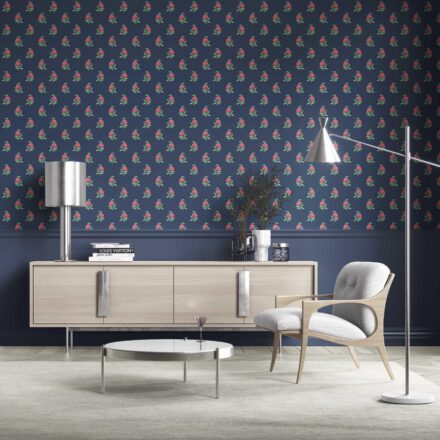 'Colleen' Vintage-Inspired Floral Block Print Wallpaper (Navy Blue/ Pink/ Green) - Image 3