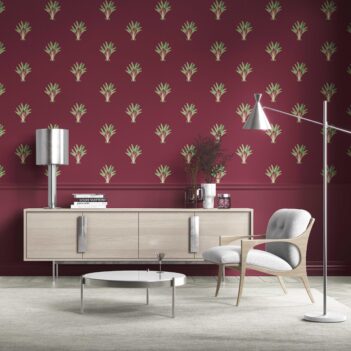 'Candy Cane' Botanical/ Floral Block Print Wallpaper (Deep Red/ Green)