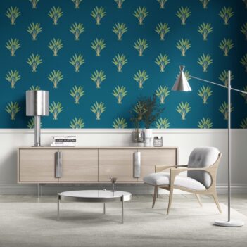 'Glasgow' Botanical/ Floral Block Print Wallpaper (Teal Blue/ Green)