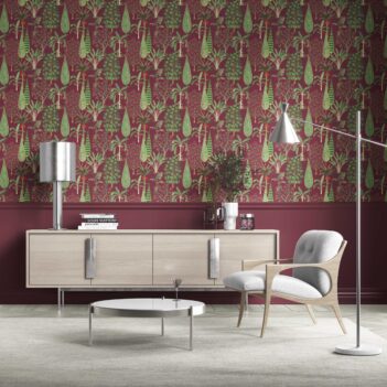 'Sleek Sea' Tropical Floral/ Botanical Wallpaper (Burgundy Red/ Green/ Pink)