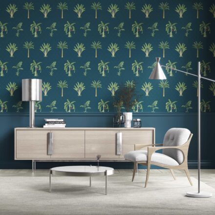 'Meadow Daisy' Botanical/ Floral Block Print Wallpaper (Teal Blue/ Green/ Red)
