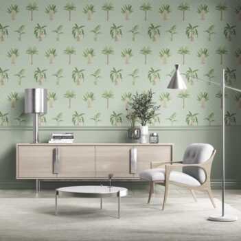 'Imperia' Botanical/ Floral Block Print Wallpaper (Mint Green/ Red)