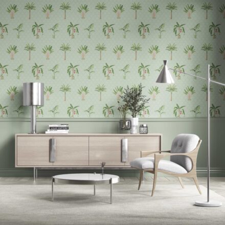 'Imperia' Botanical/ Floral Block Print Wallpaper (Mint Green/ Red)