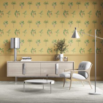 'Snow Water' Botanical/ Floral Block Print Wallpaper (Yellow/ Green/ Red)