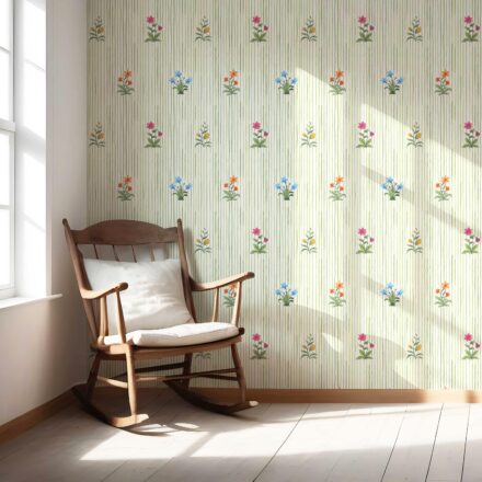 'Penguins' Floral Striped Block Print Wallpaper (Green/ Pink/ Blue/ Yellow/ Orange) - Image 5