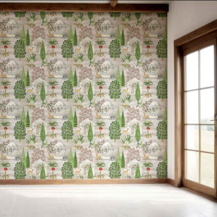 'Vitanic' Vintage Heritage/ Ethnic Chinoiserie Wallpaper (White/ Green/ Pink/ Tan/ Red) - Image 7