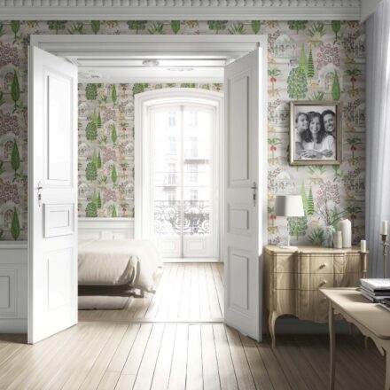 'Vitanic' Vintage Heritage/ Ethnic Chinoiserie Wallpaper (White/ Green/ Pink/ Tan/ Red) - Image 4