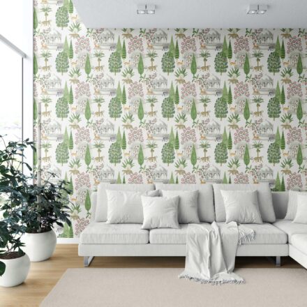 'Narwhal' Vintage Heritage/ Ethnic Chinoiserie Wallpaper (White/ Green/ Pink/ Tan) - Image 6