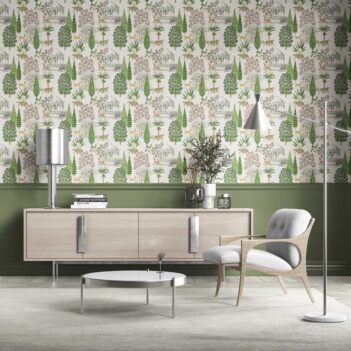 'Narwhal' Vintage Heritage/ Ethnic Chinoiserie Wallpaper (White/ Green/ Pink/ Tan)