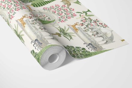 'Narwhal' Vintage Heritage/ Ethnic Chinoiserie Wallpaper (White/ Green/ Pink/ Tan) - Image 3