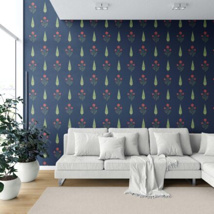 'Faery Forest' Botanical/ Floral Block Print Wallpaper (Navy Blue/ Red/ Green) - Image 6
