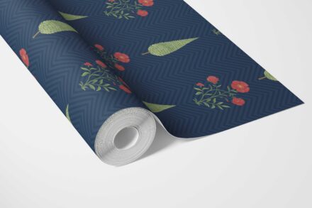 'Faery Forest' Botanical/ Floral Block Print Wallpaper (Navy Blue/ Red/ Green) - Image 3