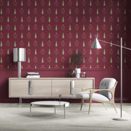'Woven Slats' Botanical/ Floral Block Print Wallpaper (Red/ Maroon/ Green) - Image 2