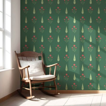 'Farben' Botanical/ Floral Block Print Wallpaper (Emerald Green/ Red) - Image 5